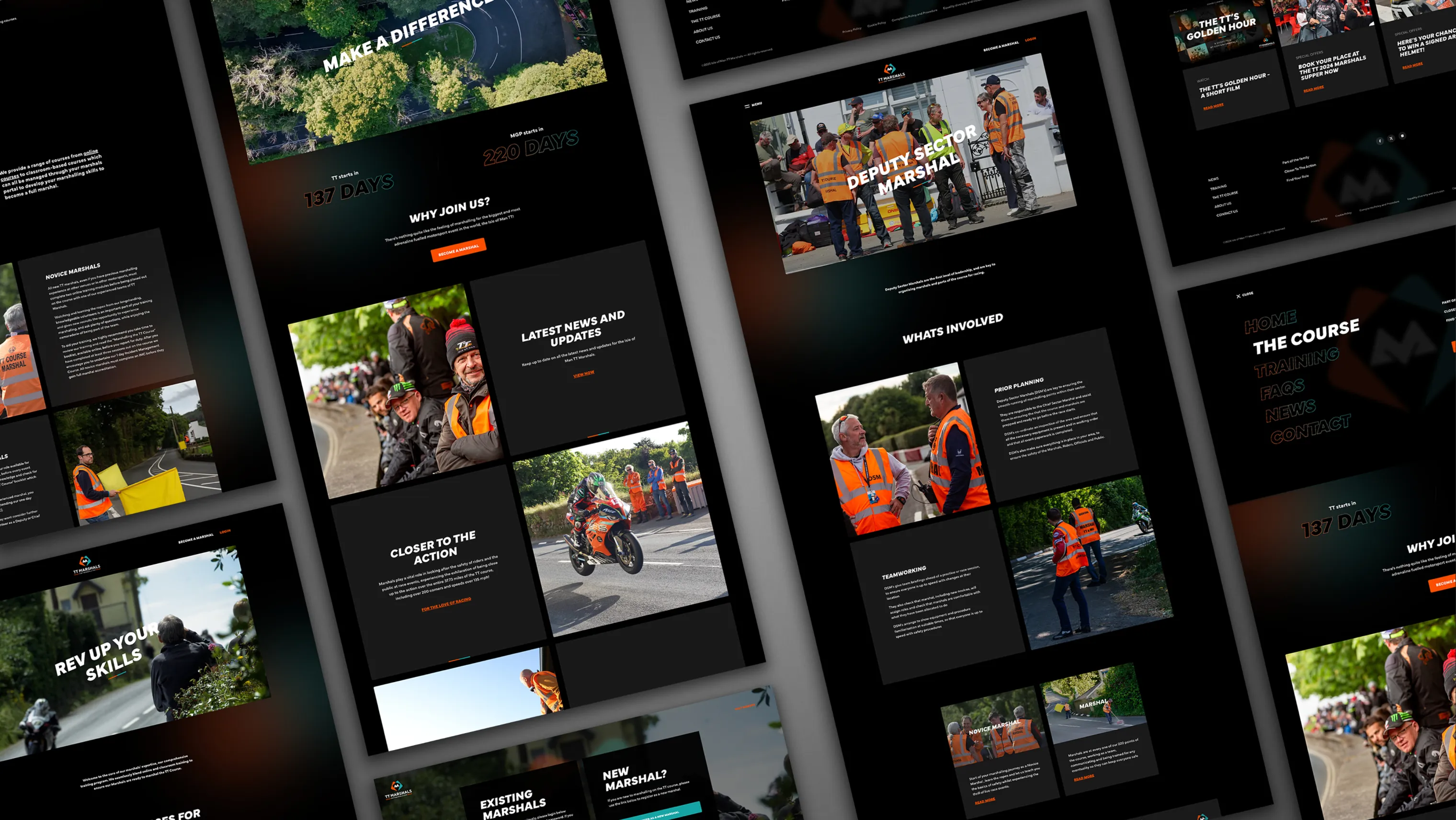 A grid of page layouts from the TT Marshals website built by DotPerformance, including the homepage, deputy sector marshal page, latest news, course information, marshal login, and new marshal registration pages